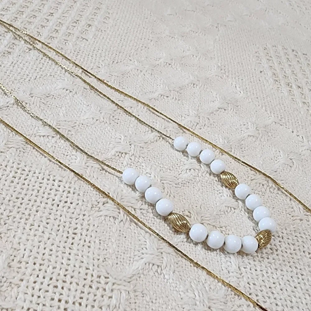 MCM 2 x Vintage Floating Round White and Spiral Gold Bead Gold Chain Necklace